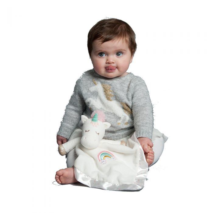 Soft unicorn baby snuggler great for baby gift.