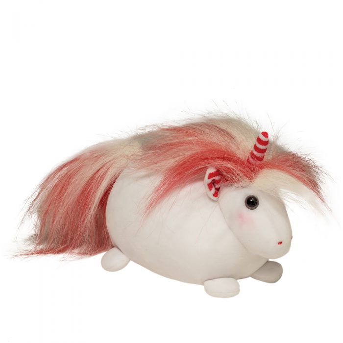 Squish-able holiday unicorn with red and white mane.