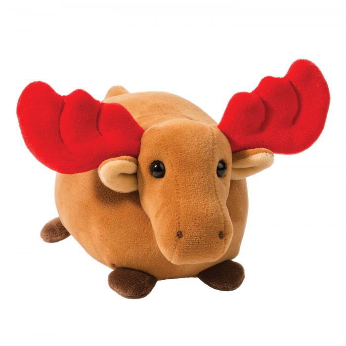 Soft holiday moose with red antlers.