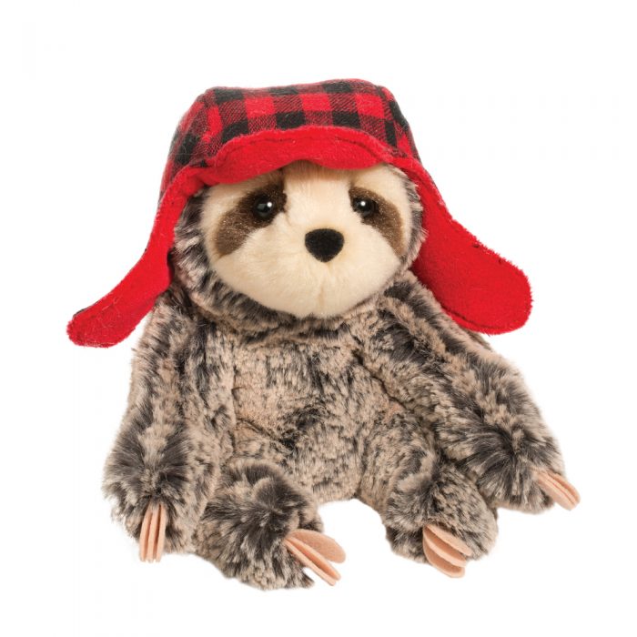 Holiday sloth stuffed animal with hat.