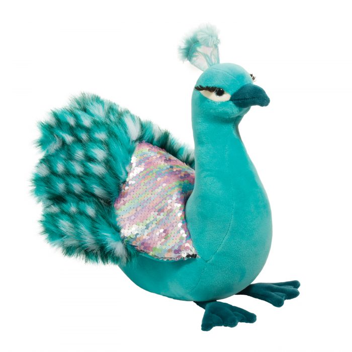 Fanciful peacock stuffed animal with vibrant colors and materials.