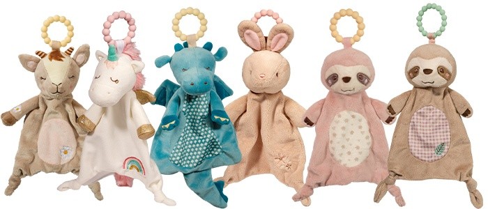 Baby teethers with stuffed animal attached.
