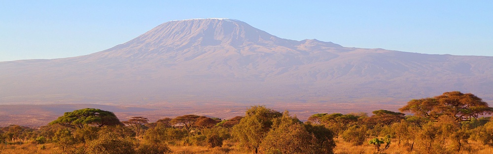 Under a hazy, blue sky, a snow capped mountain rises above the African savannah.