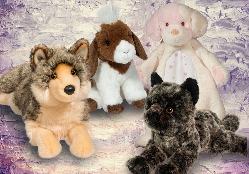 A group of stuffed animals are posed together against an abstract background. The group includes a wolf, a tortoiseshell cat, a goat, and a pink and cream puppy.